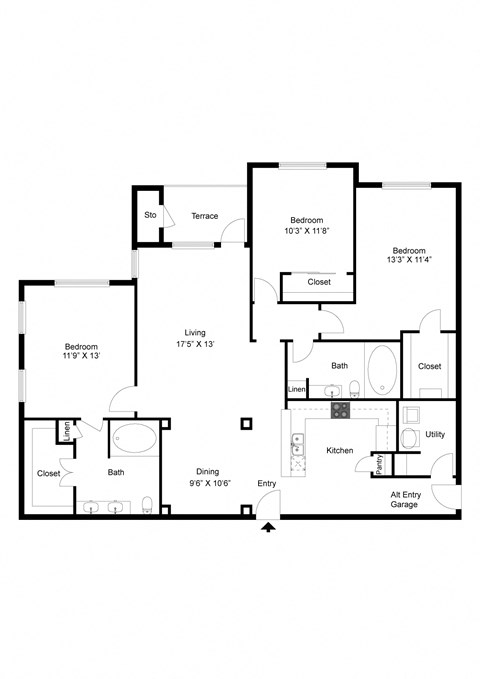 Floor plan for 3 beds, 2 baths, 1488 sqft